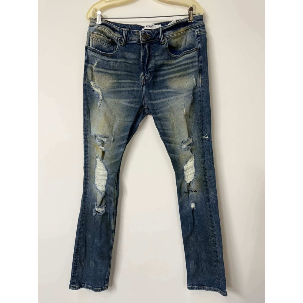 HVMAN 36x32 Chosen to Prevail Strat Super Skinny Distressed Jeans Blue Red